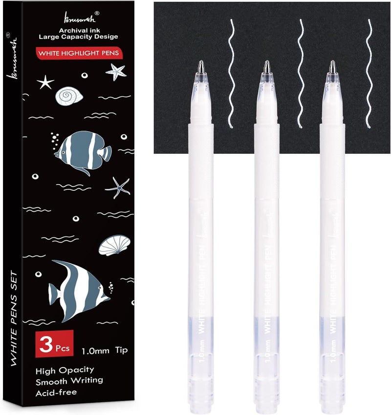Brusarth White Gel Pen Set, 1mm Gel Ink Pens Opaque White Archival Ink Pens for Black Paper Drawing, Sketching, Illustration, Card Making, Bullet Journaling,3 Pack - Image 1